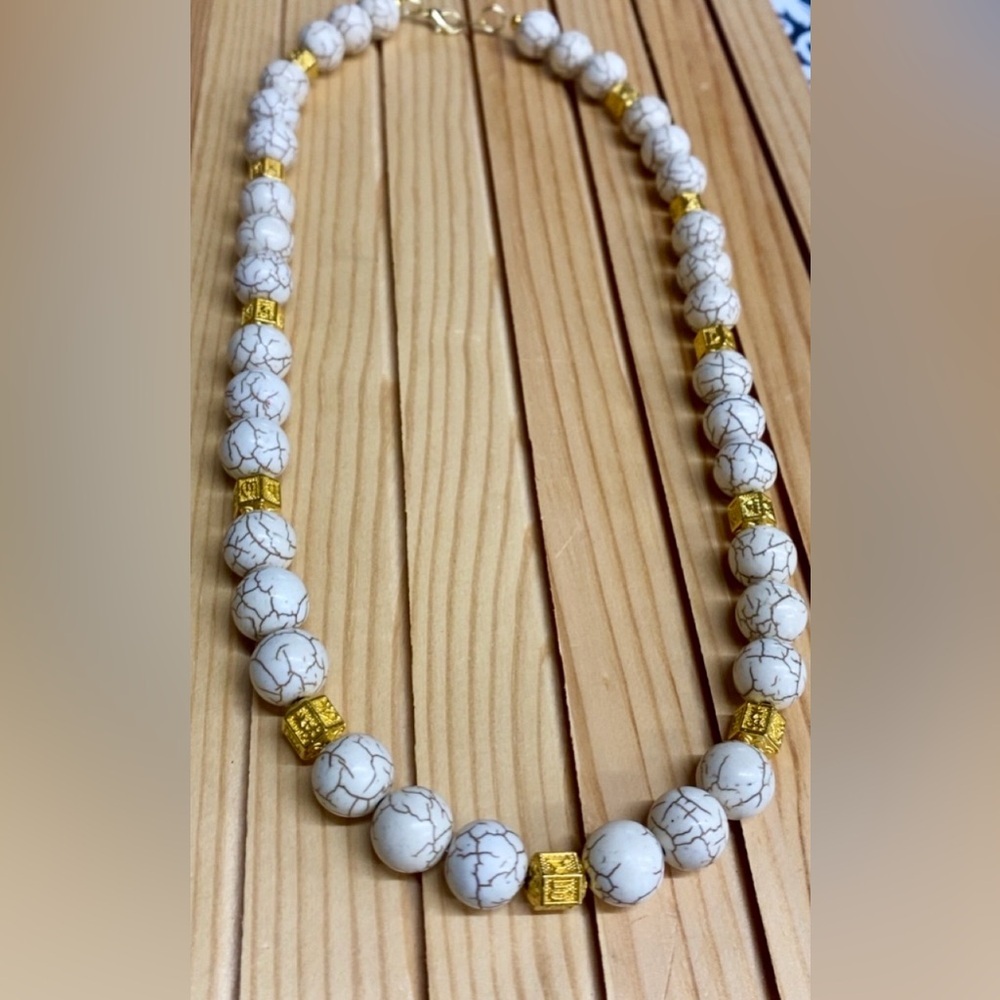 Wild horse Jasper and Gold bead Necklace 10mm handmade